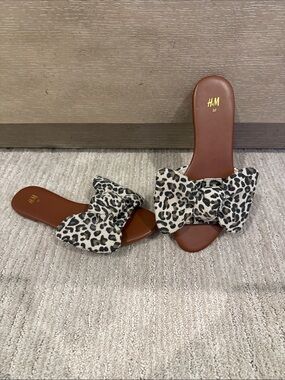H&M Leopard Bow Slide Sandals in Brown, Black, and Cream